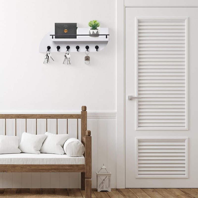 Karisky Key Holder for Wall, Decorative Key and Mail Organizer with 6 Sturdy Metal Hooks and Floating Shelf, 14 Inches Wood Wall Mounted Key Rack for Entryway, White and Black - Image 2